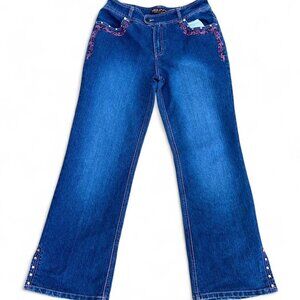 Y2K vintage pink and blue baggy flare jeans with rhinestone and embroidered 2000
